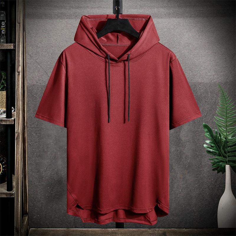 Molly Show Heren zomer groot formaat ademend T-shirt met capuchon Koele en comfortabele tops met korte mouwen Grote maat losse tops met capuchon XXXXL rood