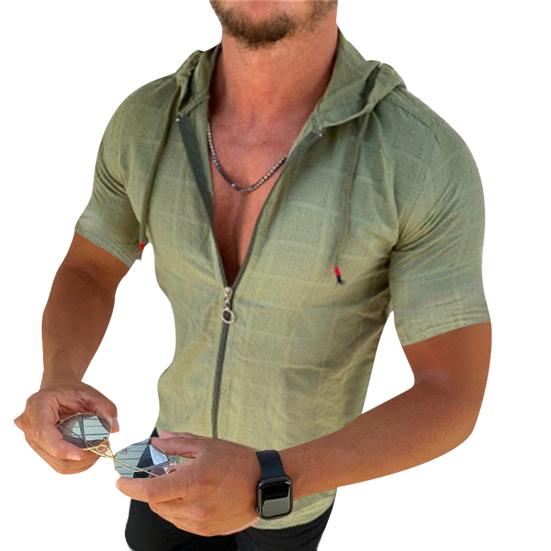Worldly Boutique Heren T-shirt met capuchon, korte mouwen, geruit T-shirt met rits, casual dun zomertopje voor sport, vrije tijd, buiten, strand M groen