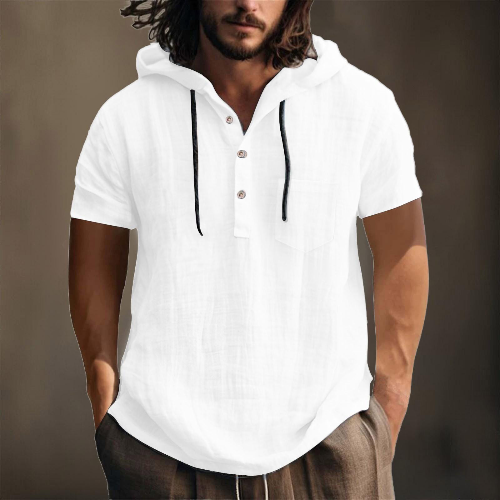 Winnerer Neptune Heren hoodie met korte mouwen, zomers katoen, hennep, katoen, dun, casual, effen kleur, los XL wit