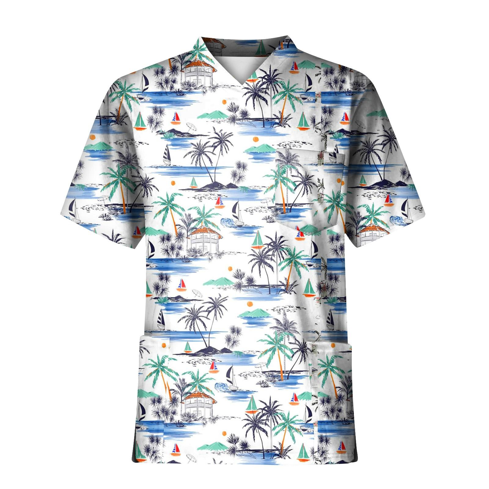 Molihua Plus SizePrinted Scrub Werken Uniform Tops Voor Mannen Cross V-hals Korte Mouw Leuke T-shirts Werkkleding Tee Met Zakken L