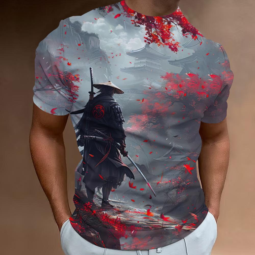 ETST 011 Retro T-shirts voor heren 3D Samurai Print Korte mouwen Tops Zomer Casual T-shirt Heren Korte mouwen Oversized Herenkleding XS