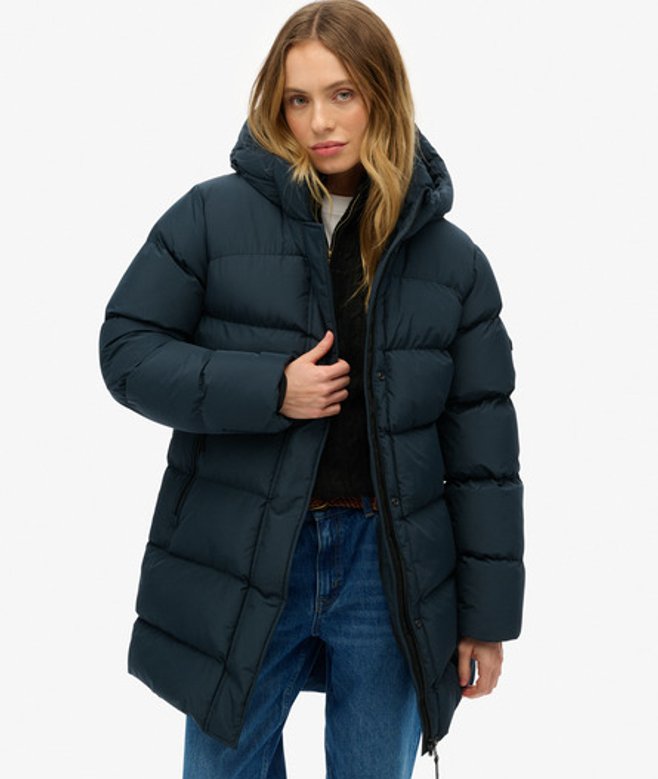 Superdry Sports Halflange Pufferjas met Capuchon Blue