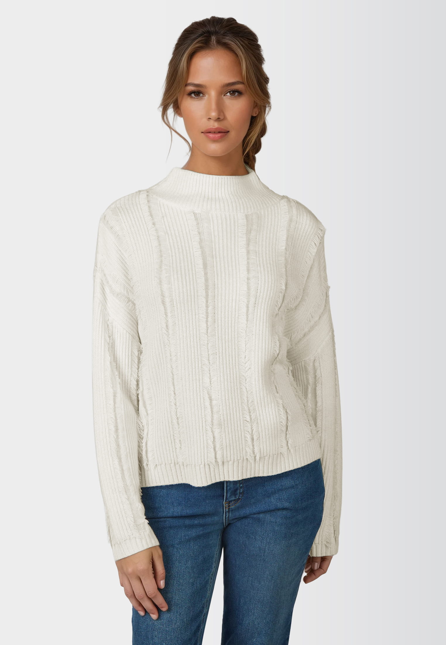 MARC AUREL Rippen-Pullover mit Fransen
