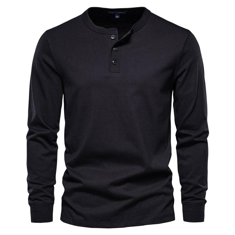 AIOPESON Men Fashion AIOPESON Henley Kraag 100% Katoenen T-shirt Mannen Casual Effen Kleur Lange Mouw Top Tees Mannen Nieuwe Herfst Hoge kwaliteit Heren T-shirts XXL zwart