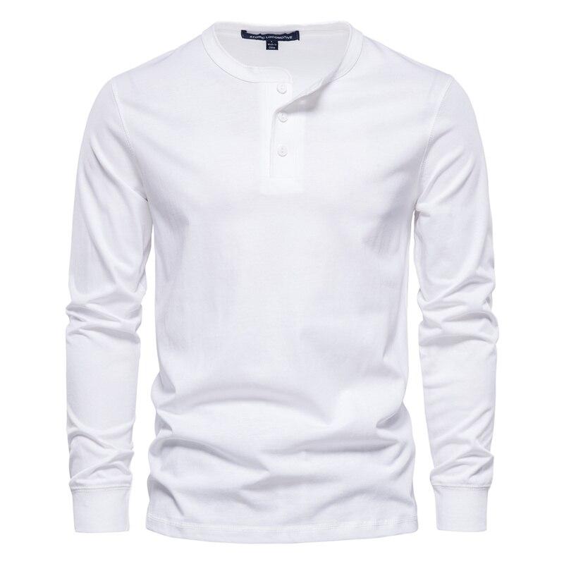 AIOPESON Men Fashion AIOPESON Henley Kraag 100% Katoenen T-shirt Mannen Casual Effen Kleur Lange Mouw Top Tees Mannen Nieuwe Herfst Hoge kwaliteit Heren T-shirts L wit