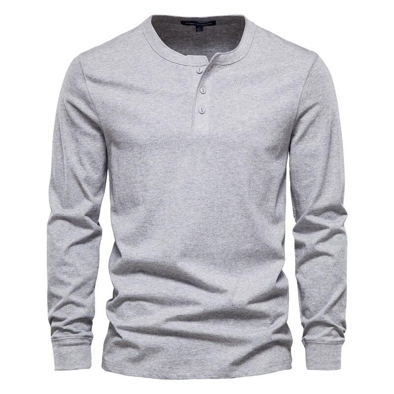 AIOPESON Men Fashion AIOPESON Henley Kraag 100% Katoenen T-shirt Mannen Casual Effen Kleur Lange Mouw Top Tees Mannen Nieuwe Herfst Hoge kwaliteit Heren T-shirts XL lichtgrijze kleur