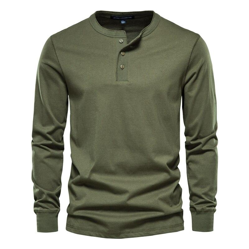 AIOPESON Men Fashion AIOPESON Henley Kraag 100% Katoenen T-shirt Mannen Casual Effen Kleur Lange Mouw Top Tees Mannen Nieuwe Herfst Hoge kwaliteit Heren T-shirts XXL legergroene kleur