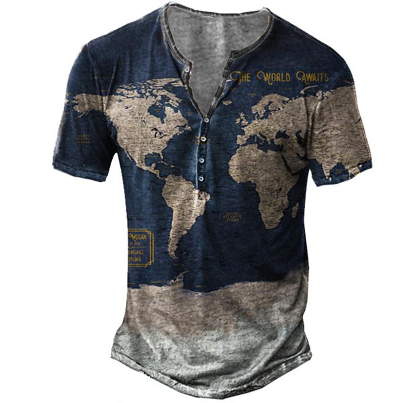 Haodingfushi Mannen V-kraag Knop Vintage T-shirt, Zomermode Punk T-shirt met korte mouwen. L