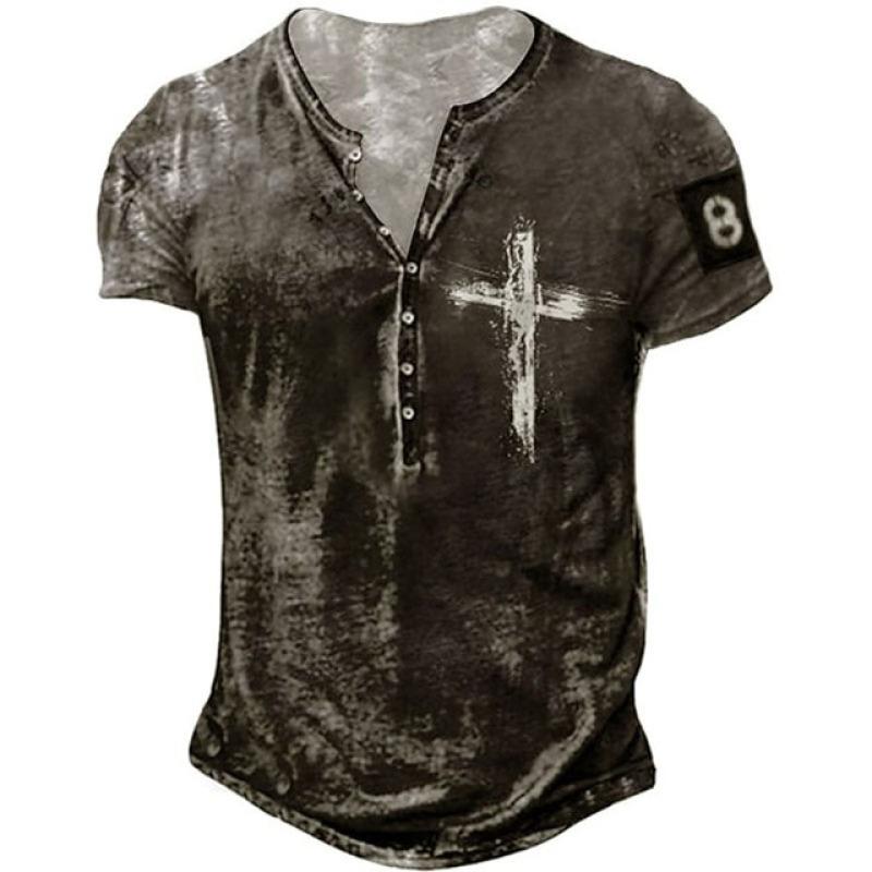 Haodingfushi Mannen V-kraag Knop Vintage T-shirt, Zomermode Punk T-shirt met korte mouwen. XL