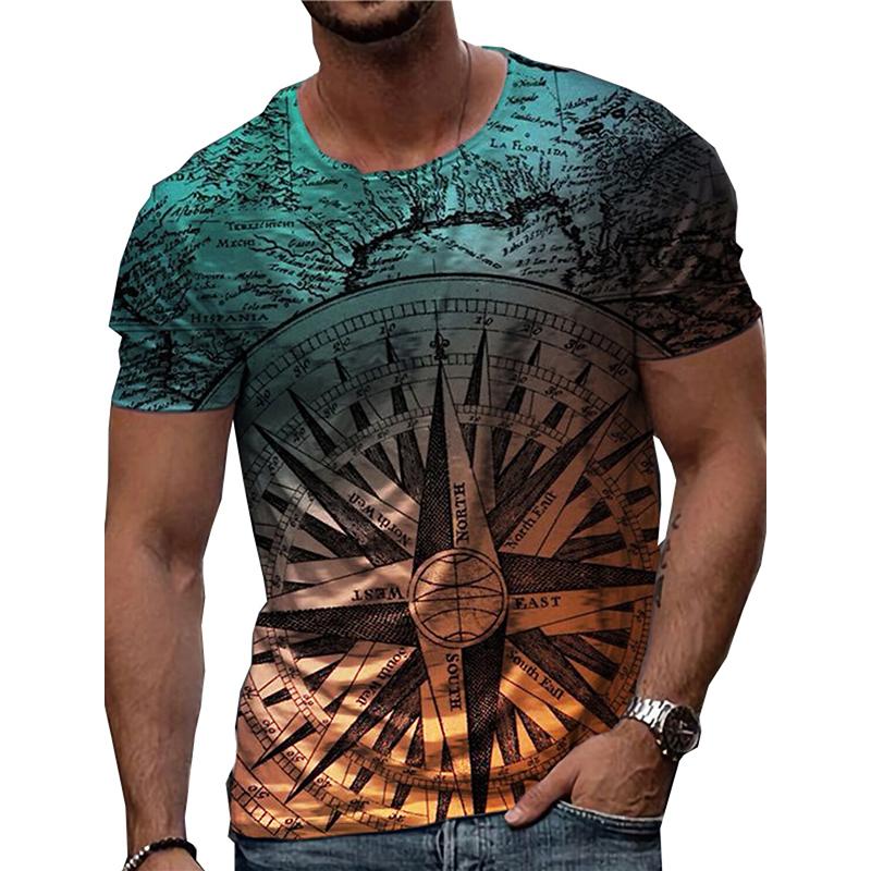 Happy Show Nieuwe zomer herenmode T-shirt persoonlijkheid kleur kompas bedrukt heren T-shirt top M bruin
