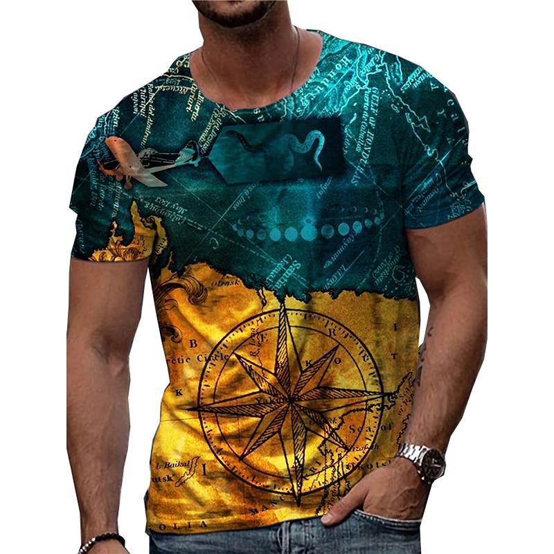 Happy Show Nieuwe zomer herenmode T-shirt persoonlijkheid kleur kompas bedrukt heren T-shirt top L geel