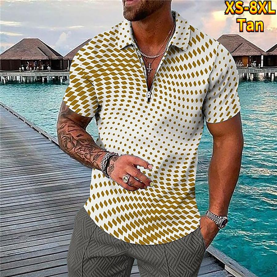 Happy Show Casual Revers T-shirt Jonge Mannen Mode Rits T-shirt Korte Mouw T-shirt Heren 3D Gespikkelde Textuur Print T-shirt 8XL lichtbruin