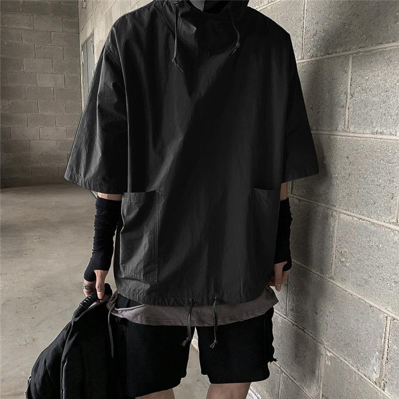 91440607MAC4DCME0U Hooded T-shirt Heren Zomer Koreaans Half Mouw Pullover Top Zacht Grote Zakken Losse Heren T-shirt Streetwear S zwart