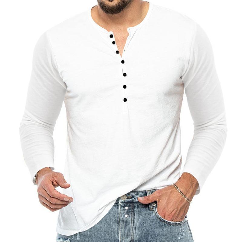 HerSight Heren effen zakknop V-hals herfst T-shirt Man wit zwart Basic Top lange mouw T-shirts XXL wit