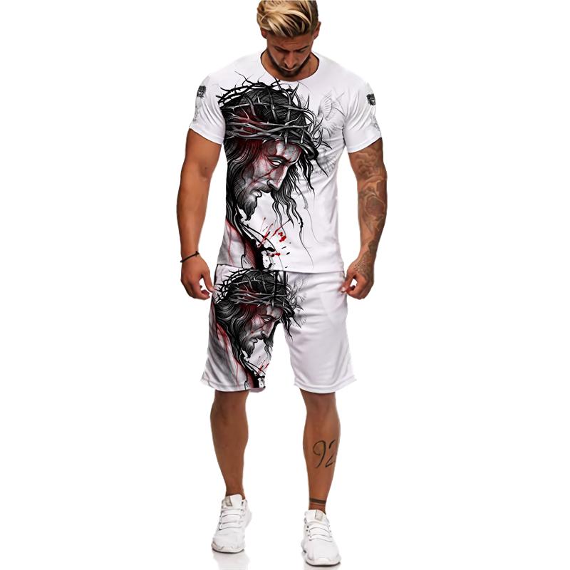ETST 03 3D Jezus houdt van iedereen Christelijke T-shirt Zomer Herenpak Korte mouw Shorts Lion Cross Print Streetwear 2-delige Activewear L