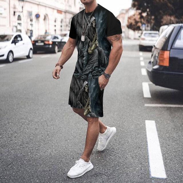 ETST WENDY 005 Schedelprint Mode Heren Grote maten T-shirtset Groot en lang Ronde hals Korte mouwen Pak Zomer Designer Informeel Dagelijks Vakantie 3XL