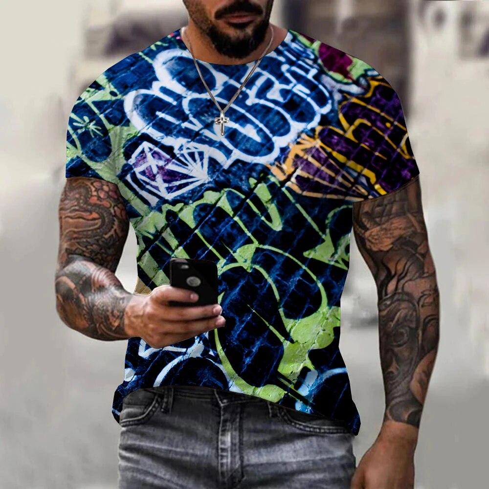 ETST 03 Nieuwe Mode Europa en Amerika Retro Graffiti Heren T-shirt Zomer Trend Casual Persoonlijkheid Street Style Gedrukte T-shirts met korte mouwen Asian size 4XL