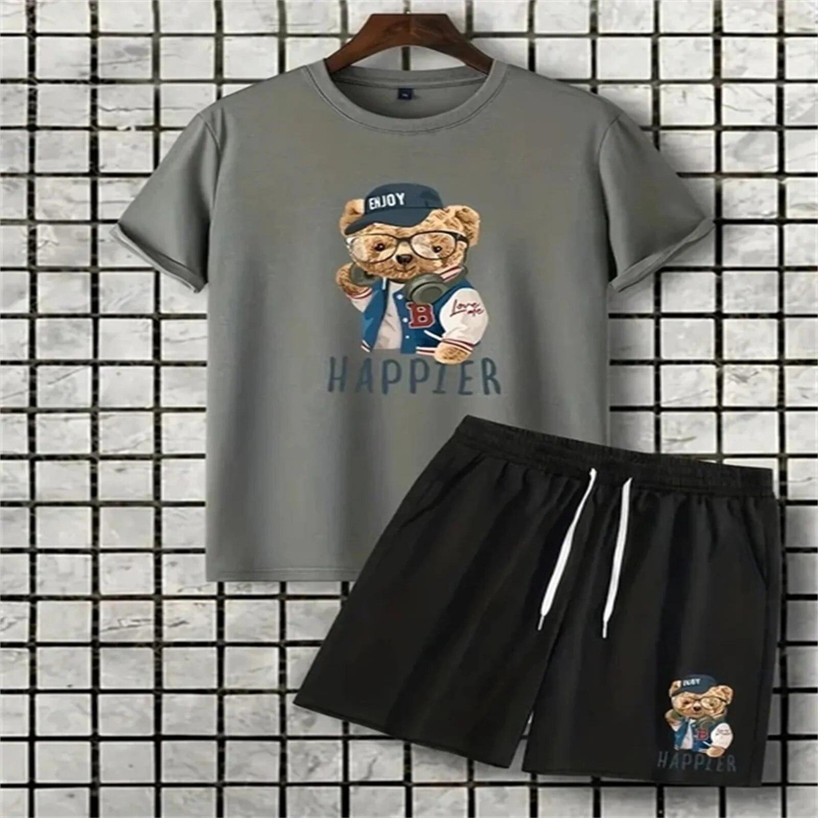 ETST WENDY 05 Coole Bear Print Heren 2-delige outfitset, casual T-shirt en losse shorts met trekkoord voor de zomer T-shirt voor heren XXXL