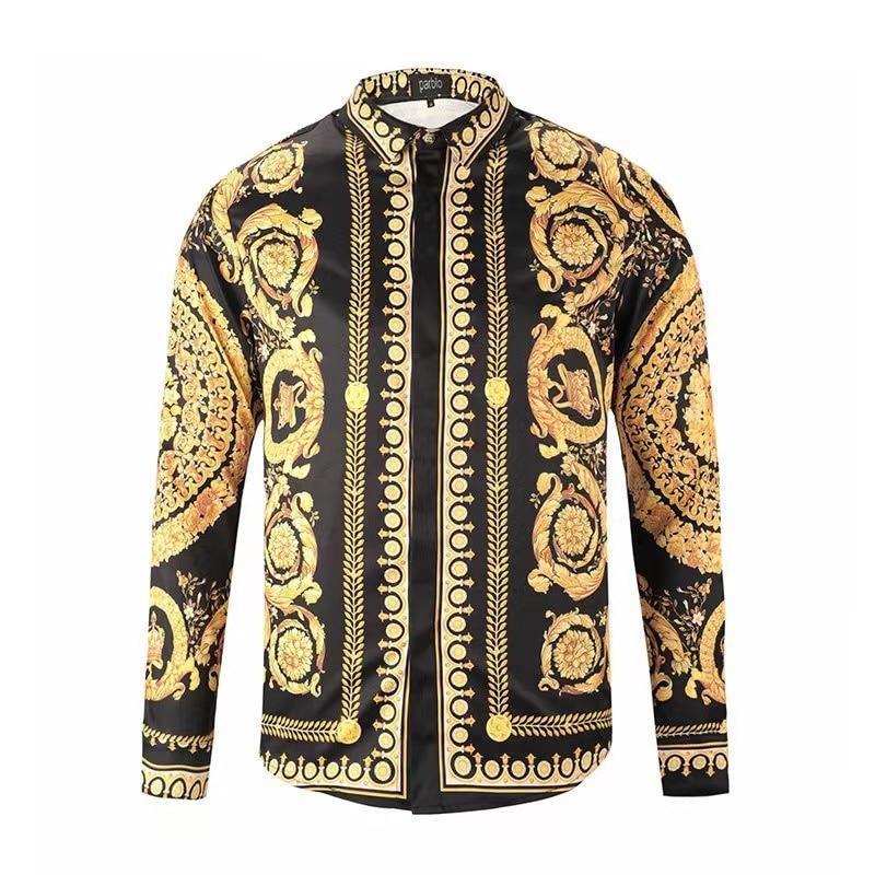 FEGKZLI Fashion Vintage overhemden voor heren, hipster, lange mouwen, fancy luxe design, barokke bloemenprint, bruiloft, galaoverhemden XXL