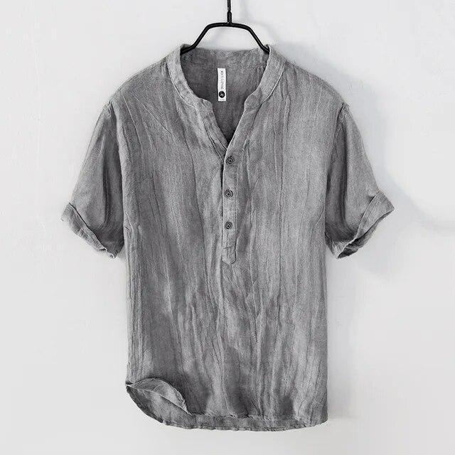 QGOOD Zomer Vintage Puur Linnen T-shirt met korte mouwen voor mannen Dunne effen kleur Slanke herenkleding Groot formaat M grijze kleur