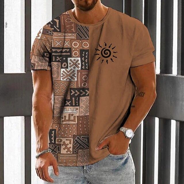 ETST 07 Vintage heren T-shirt Etnische print Casual Korte mouw Zomer Ronde hals Streetwear Heren Losse sweatshirt Ademende herenkleding 3XL