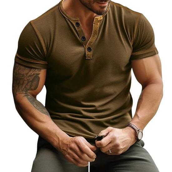 Songmeijuan Heren zomer T-shirt kleuraanpassing slim fit knop V-hals elastisch zacht ademend casual trui korte mouwen halflange dagelijkse top L lichtbruin