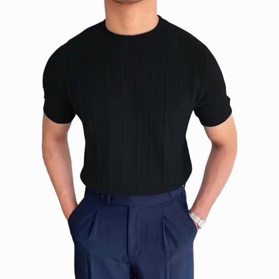 Songmeijuan Heren zomer T-shirt ronde hals korte mouwen effen kleur slim fit elastische trui casual middenlengte recht heren fitness sport gym top L zwart