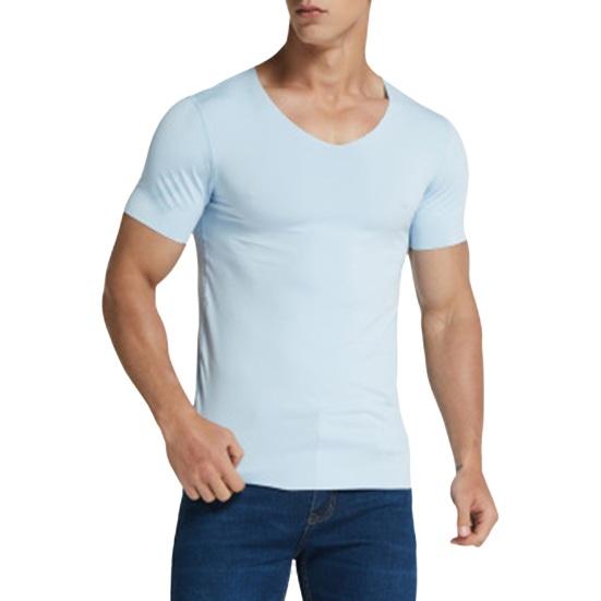 Yunzhu Mannen Zomer T-shirt Effen Kleur Naadloos Ijs Zijde V-hals Korte Mouwen Zacht Ademend Trui Sport Business Casual Heren Office top 4XL lichtblauwe kleur