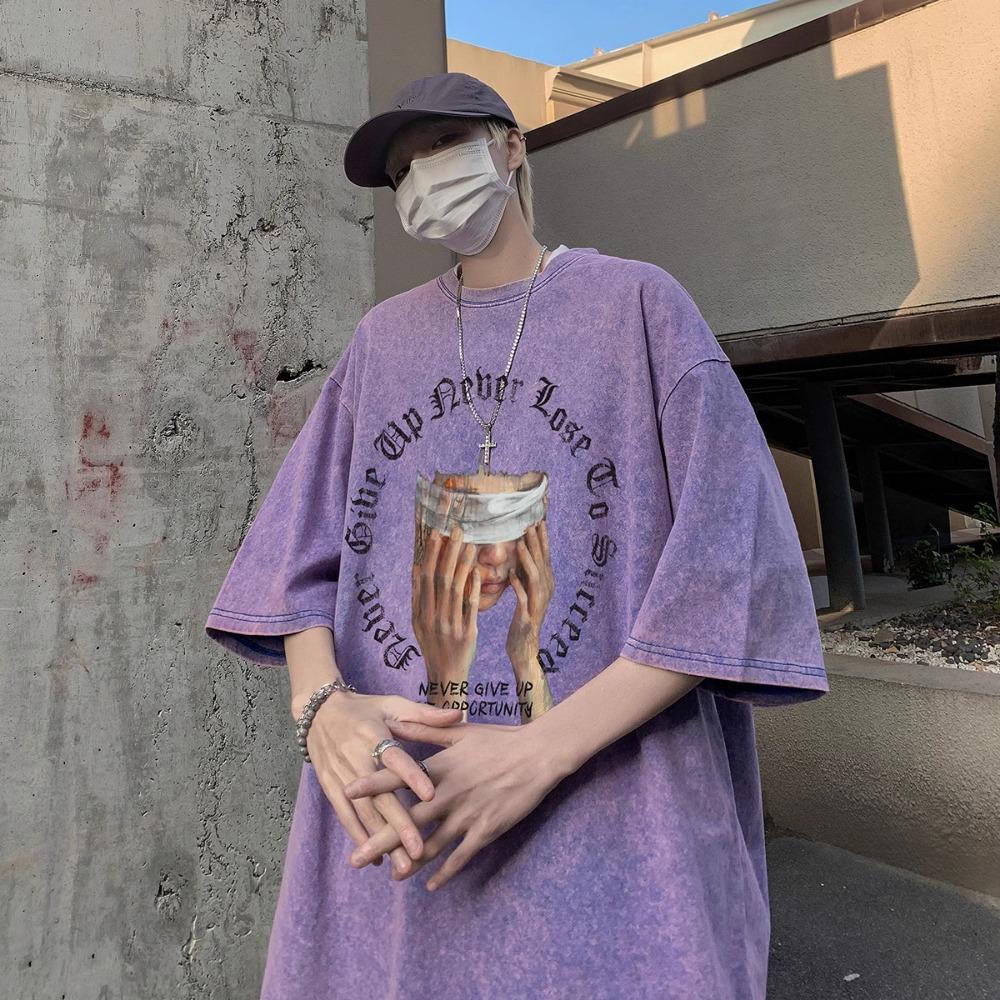 FEGKZLI Fashion 100% katoen Acid Washed Vintage korte mouw T-shirt Voorkant bedrukking Streetwear HipHop Harajuku Oversized T-shirts XL paars