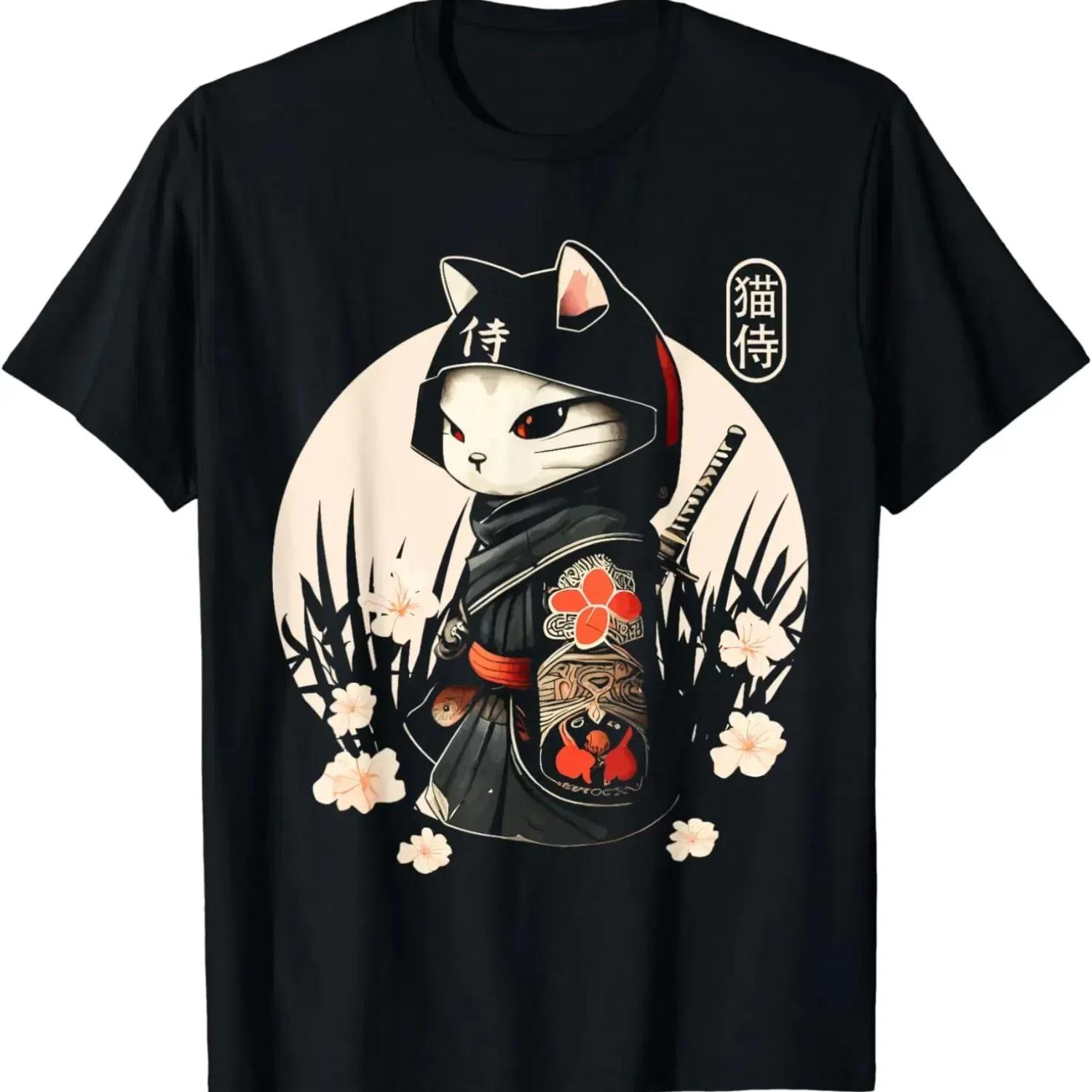Bobby 2 Kawaii Ninja Cat Print T-shirt Japanse Samurai Cat Tattoo Origineel Ontwerp T-shirt voor Herenkleding Vintage Tops 4XL