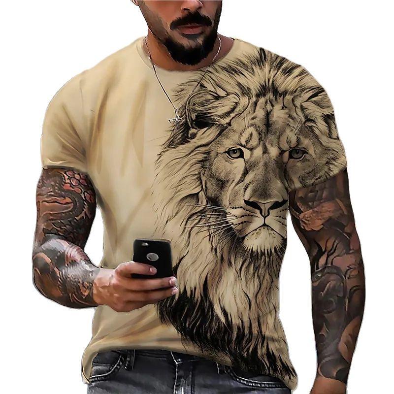 WowClassic Heren Leeuwenkop Ronde Hals Dierenpatroon T-shirt Zacht Comfortabel Lichte Stretch Korte Mouw Normale Pasvorm voor Pyjama Dagelijkse Kleding L kaki