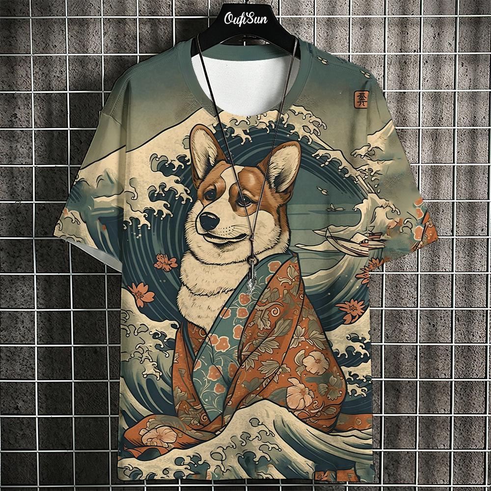 ETST 05 Japanse stijl heren T-shirt Ukiyo-e schilderij dier bedrukte T-shirts Casual losse korte mouwen T-shirts Oversized herenkleding Tops XL