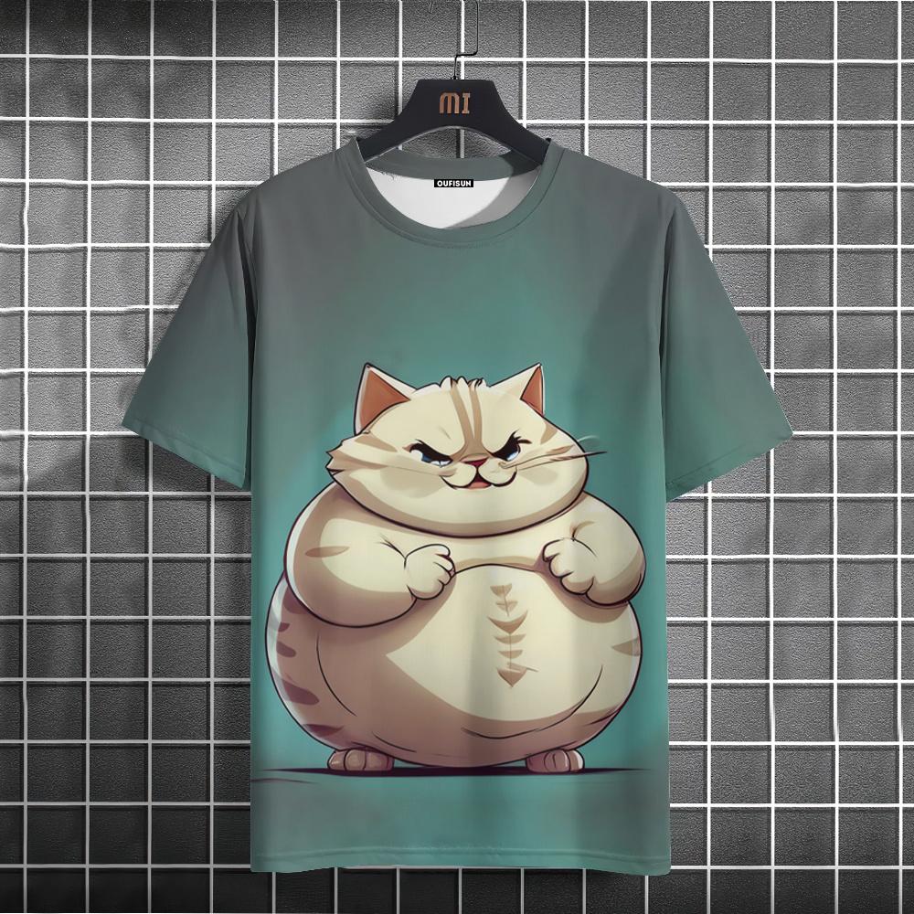 ETST 05 Grappige heren T-shirt Animal Fat Cat Bedrukte T-shirts Casual Losse Korte Mouw Tee Oversized Herenkleding Tops Zomer Streetwear XL