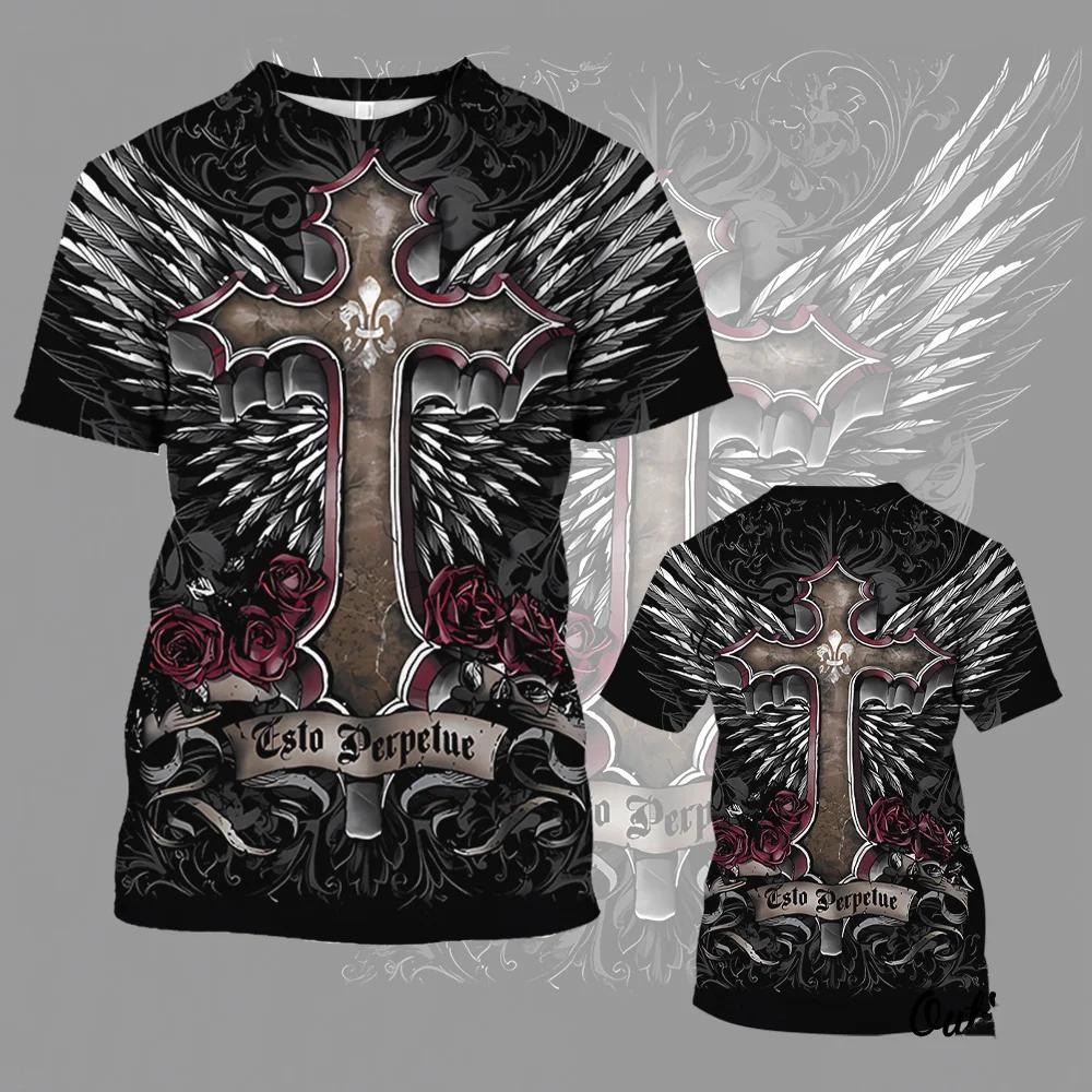 ETST WENDY 005 Grappig 3D Jezus Kruis Patroon Heren T-shirt Mode Vleugel Print Korte Mouw Tops Zomer Casual O-hals Losse Pullover Hip Hop Tees XL