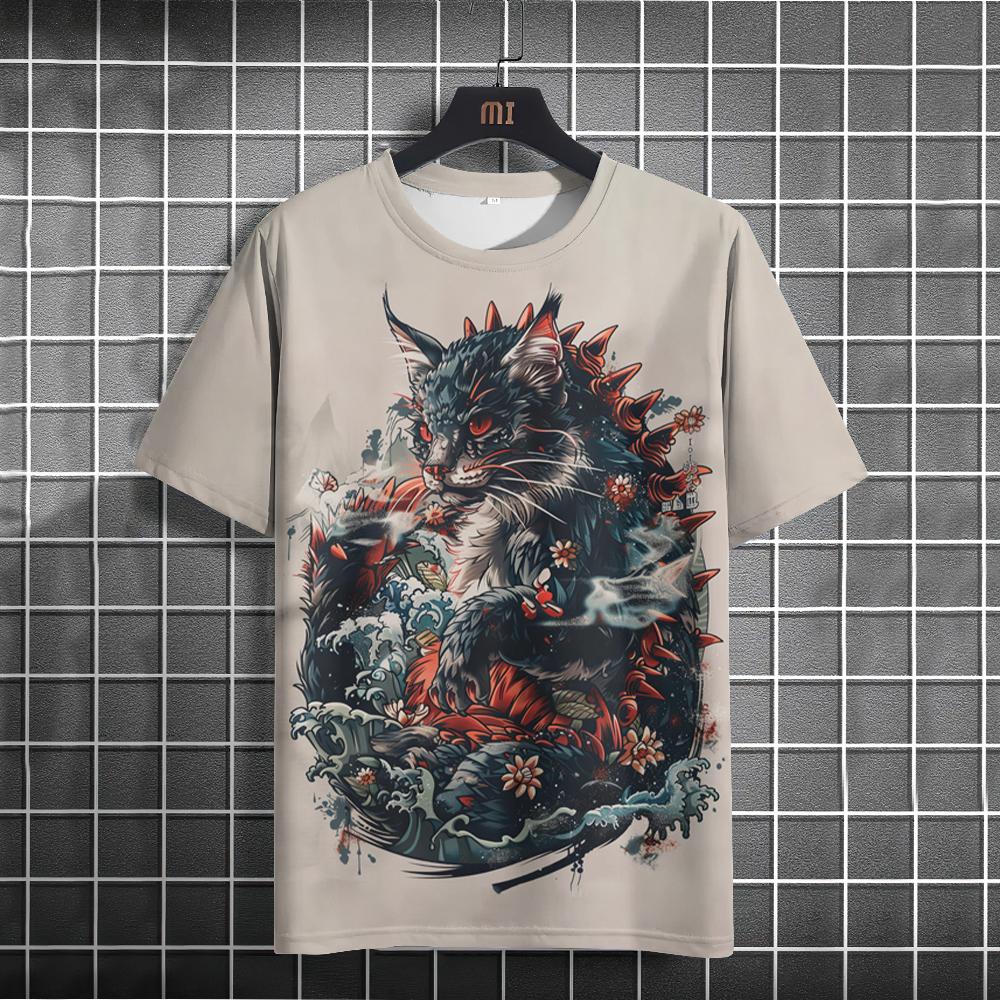 Etst 003 Japans T-shirt voor heren Godzilla en kat grafisch T-shirt Bedrukt T-shirt met korte mouwen 3XL