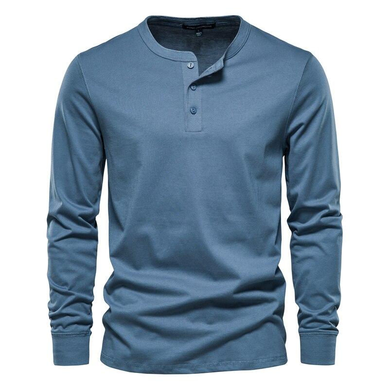 AIOPESON Men Fashion AIOPESON Henley Kraag 100% Katoenen T-shirt Mannen Casual Effen Kleur Lange Mouw Top Tees Mannen Nieuwe Herfst Hoge kwaliteit Heren T-shirts 5XL denimblauwe kleur