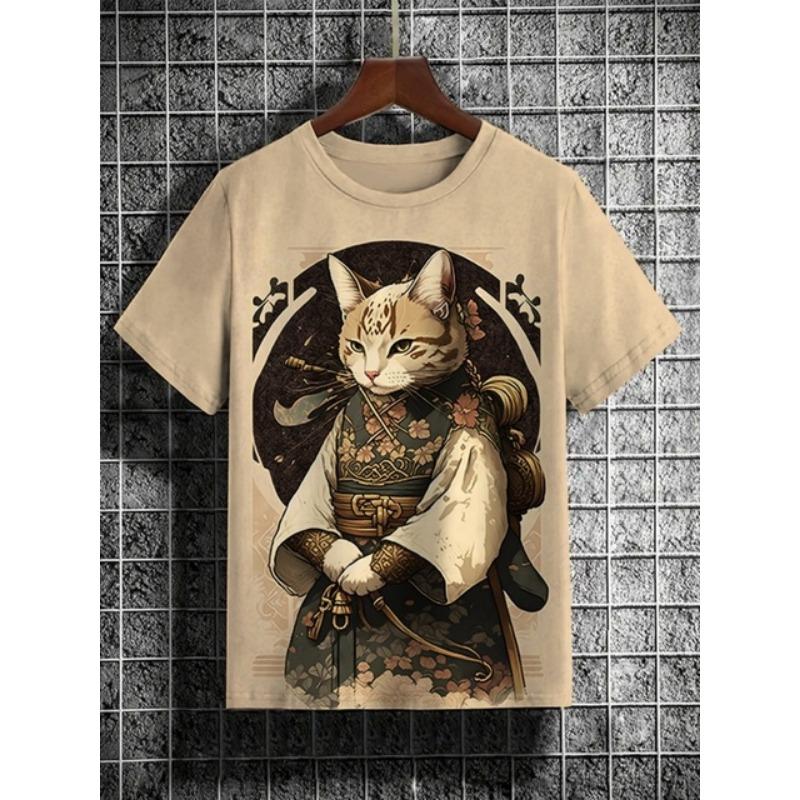 ETST 012 Heren T-shirt Japanse stijl Samurai Cat Grafisch 3D-geprint T-shirt Casual korte mouwen T-shirt Outdoor Oversized herenkleding Tops 4XL
