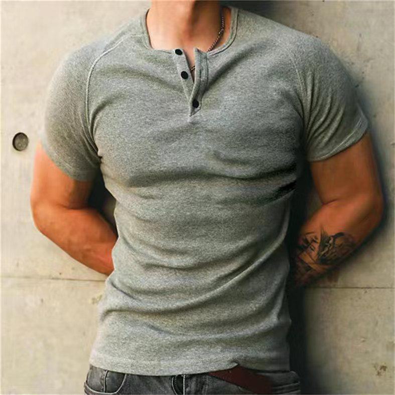 AI Supermarket Heren retro katoenen Henley-overhemd - grove draad 230 g, effen kleur, fitnesstop met korte mouwen XXL grijs