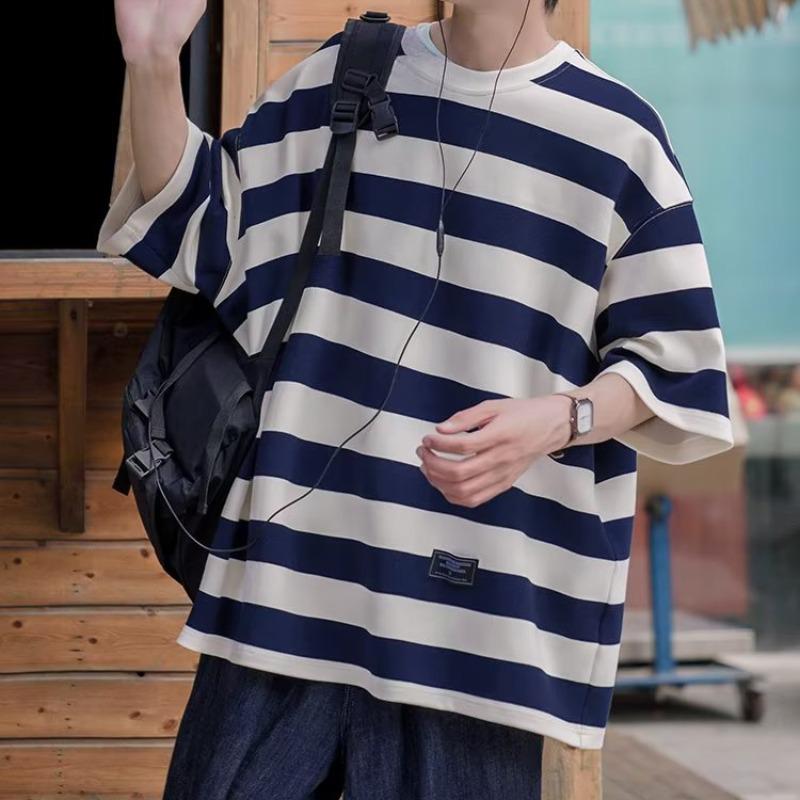 VantaGoods 2024 Hong Kong Style gestreept T-shirt met korte mouwen, Koreaanse losse pasvorm voor heren, casual top voor koppels 3XL