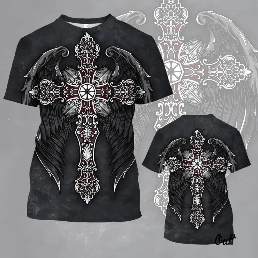 Chaokebang Grappig 3D Jezus Kruis Patroon Heren T-shirt Mode Vleugel Print Korte Mouw Tops Zomer Casual O-hals Losse Pullover Hip Hop Tees 2XL