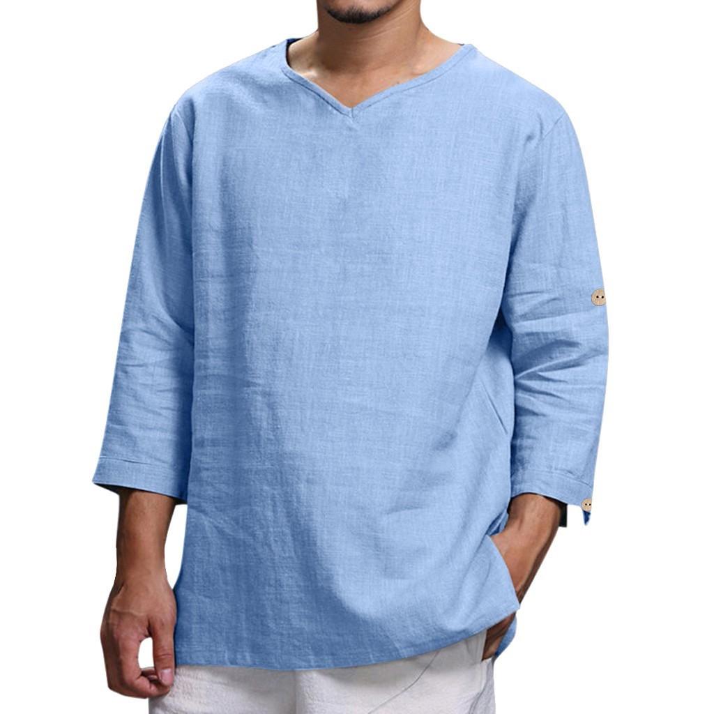 Wahaha123 Heren zomer nieuwe katoen en hennep top, comfortabele mode blouse top XXXXL blauw