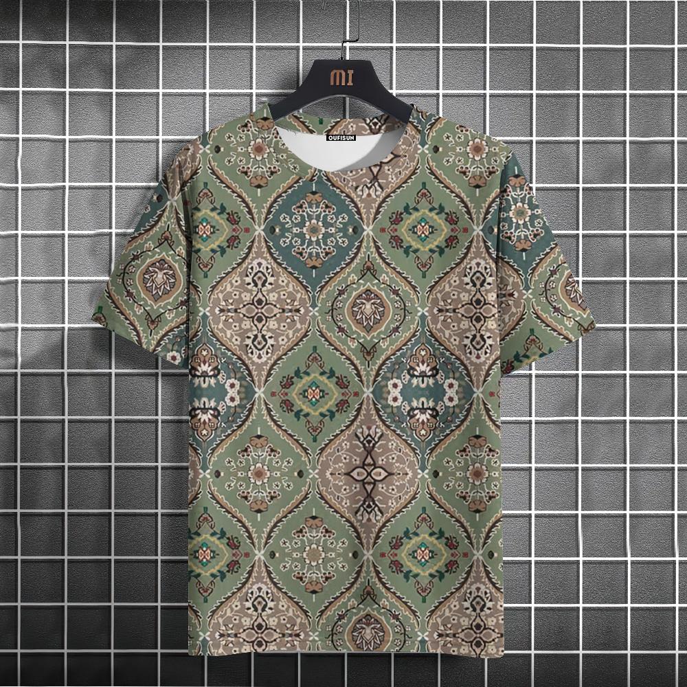 Etst 003 Vintage heren T-shirt Etnische print Casual Korte mouw Zomer Ronde hals Streetwear Heren Losse sweatshirt Ademende herenkleding XL