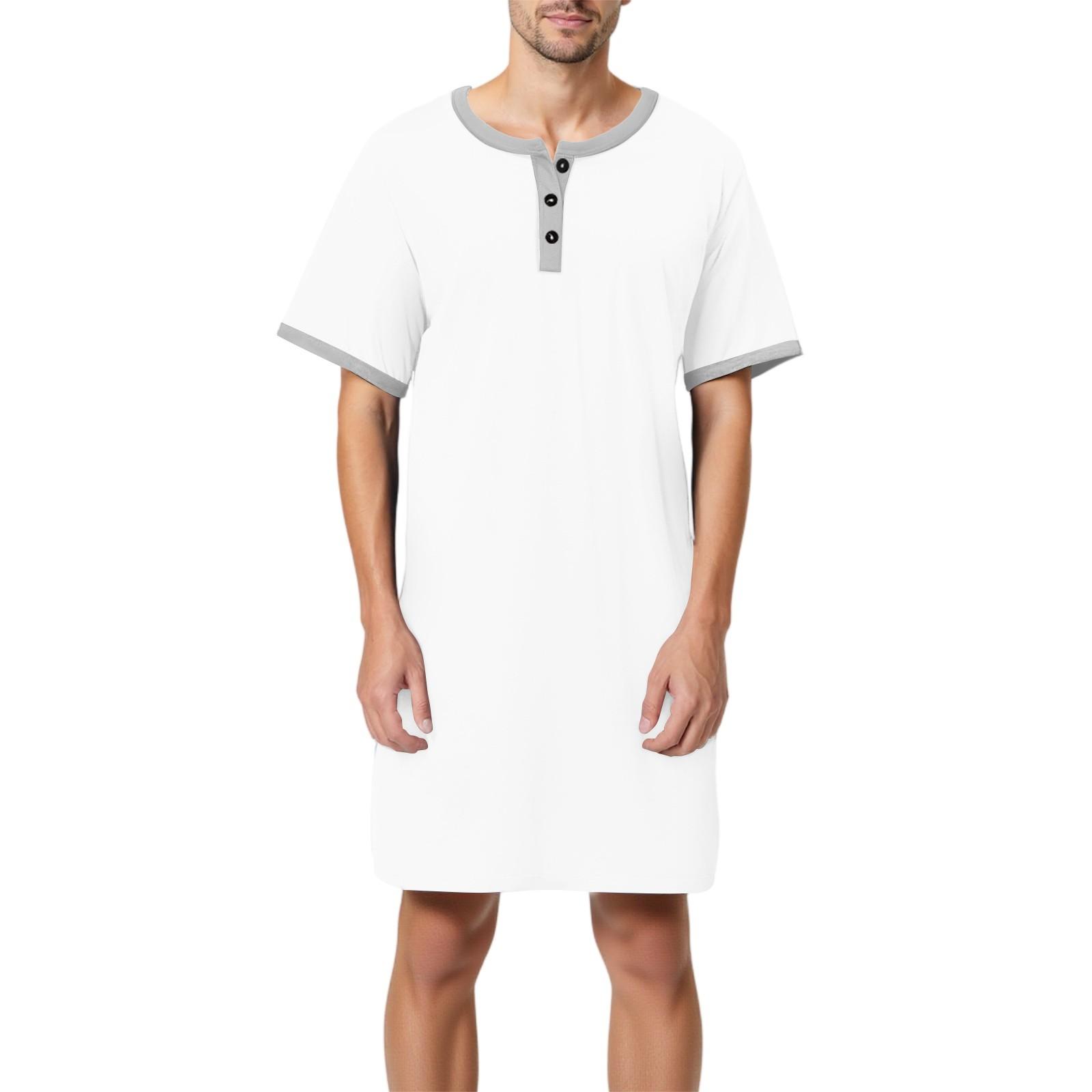Niubiplus Men's solid color cotton short-sleeved pajamas button-down collar long loose pajamas home clothes XL wit