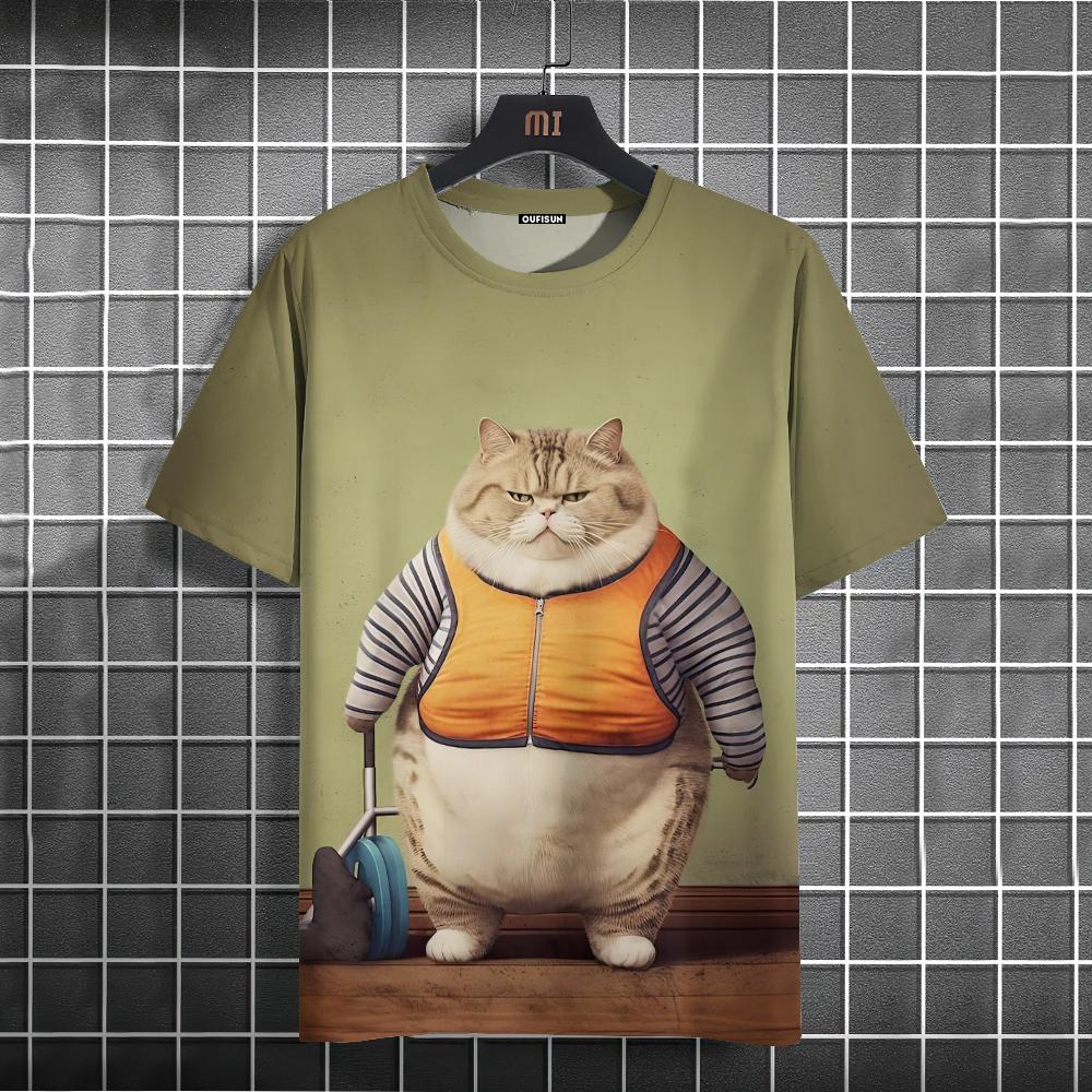 ETST 012 Grappige heren T-shirt Animal Fat Cat Bedrukte T-shirts Casual Losse Korte Mouw Tee Oversized Herenkleding Tops Zomer Streetwear 4XL