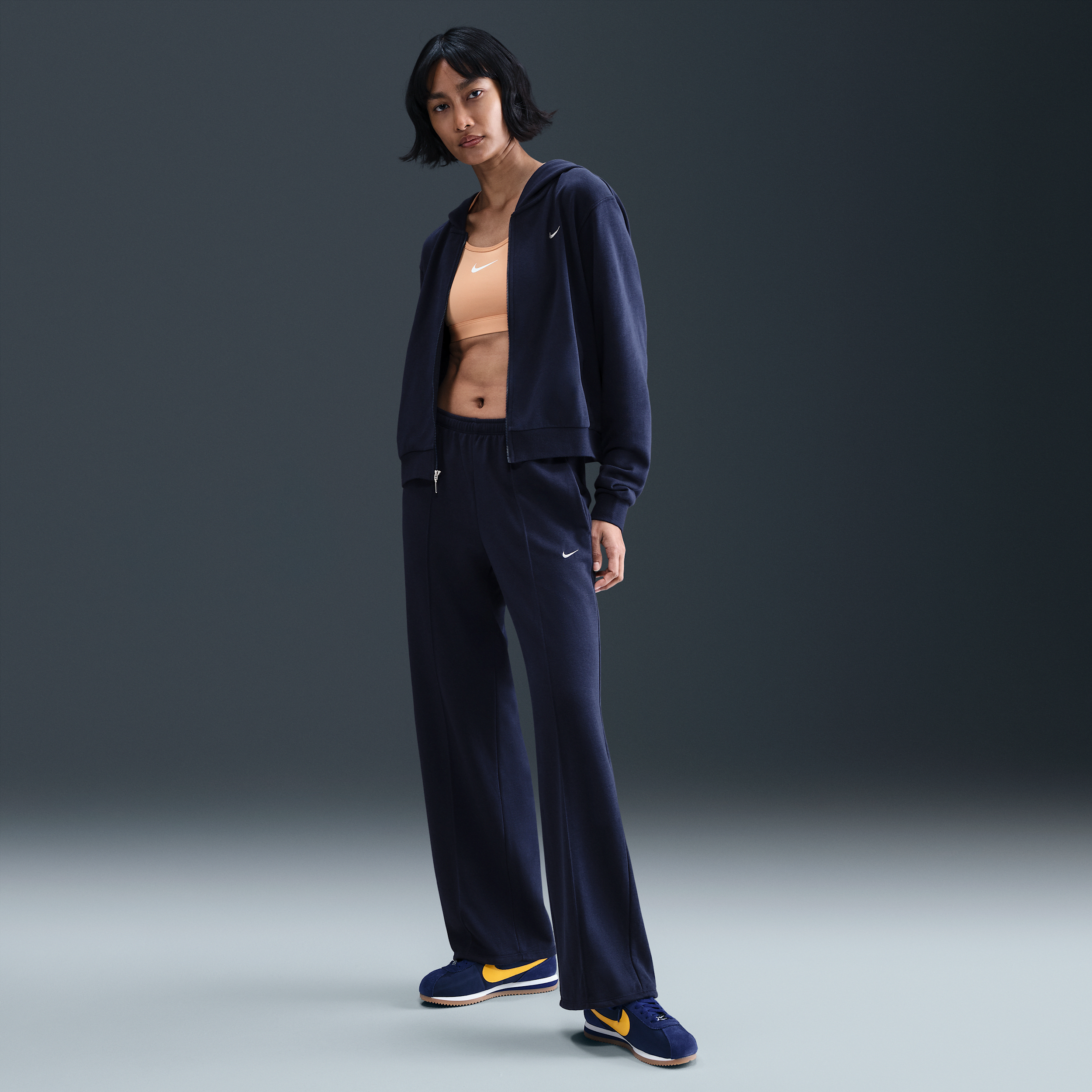 Nike Sportswear Chill Terry joggingbroek van sweatstof met open zoom en halfhoge taille voor dames - Blauw
