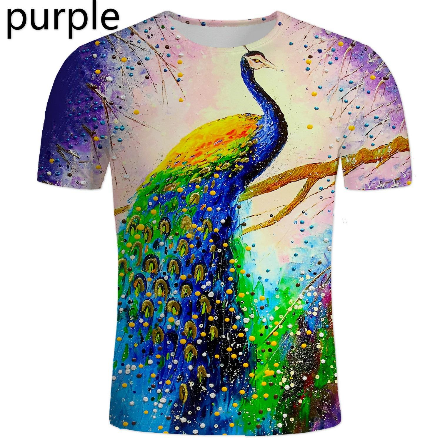 HerSight Mode Pauw 3D Geprinte T-shirts Heren Casual Korte Mouw T-shirt Casual Heren Zomer Top XL paars