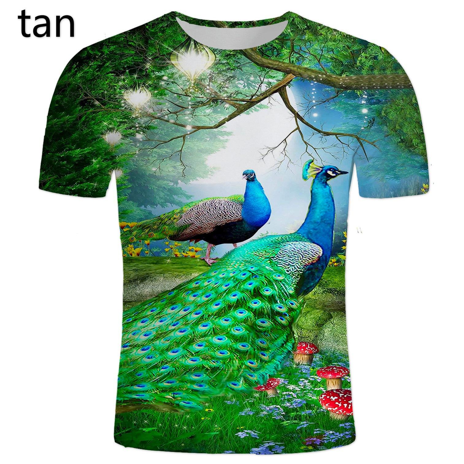 HerSight Mode Pauw 3D Geprinte T-shirts Heren Casual Korte Mouw T-shirt Casual Heren Zomer Top 2XL lichtbruin
