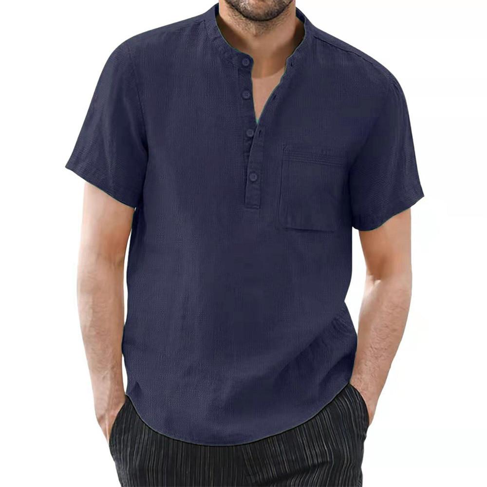 FX Men Heren T-shirt met korte mouwen, katoen en linnen, casual heren T-shirt, effen kleur, zomershirt, mannelijk, gezellig, ademend, Amerikaanse maat XXXL marineblauwe kleur