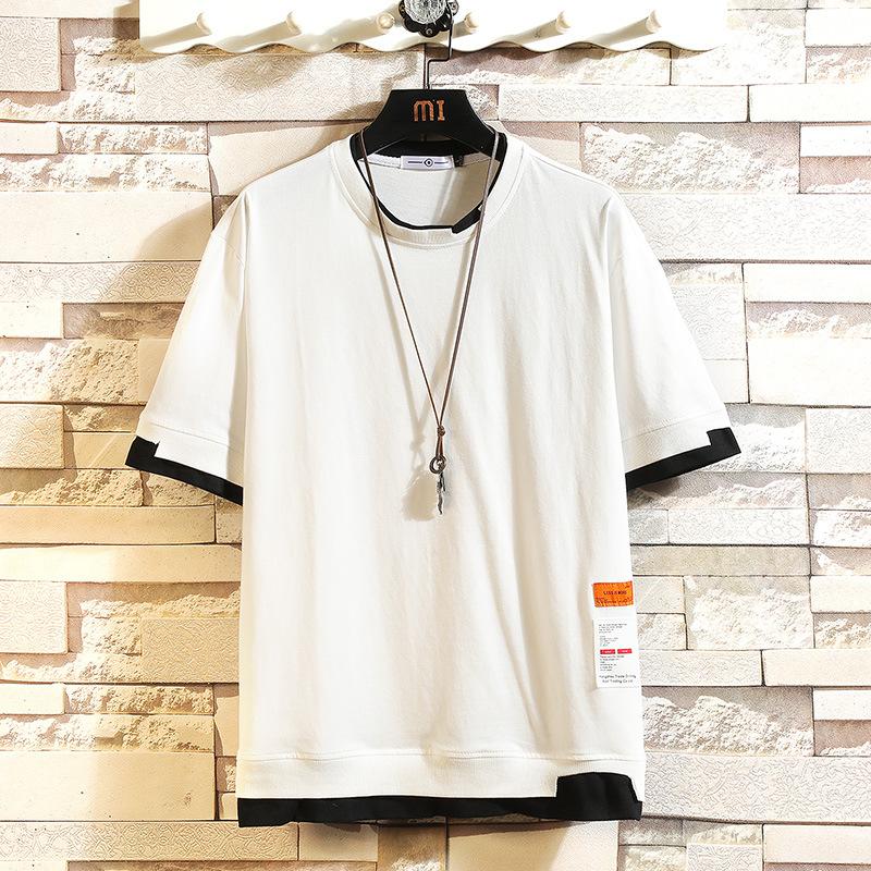 EUREKA E Zomer Japanse Losse Grote Maat Ronde Hals Gedrukt T-shirt Mannen Stiksels Nep Twee Stukken Student Casual T-shirt zomer 3XL wit