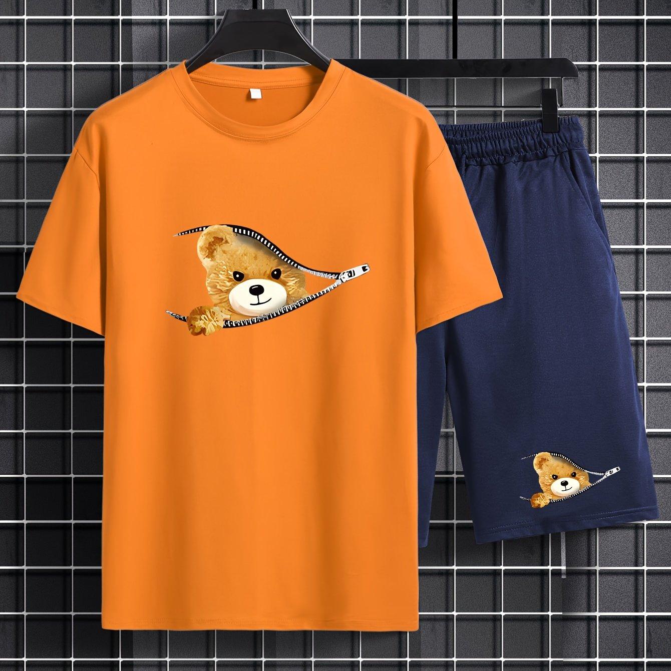 ETST 07 Plus Size Heren Cartoon Bear Grafische Print Relaxed Fit Ronde Hals T-shirt & Shorts Set - Zachte Medium Stretch, Casual Stijl voor de Zomer - Leuke Print XXL